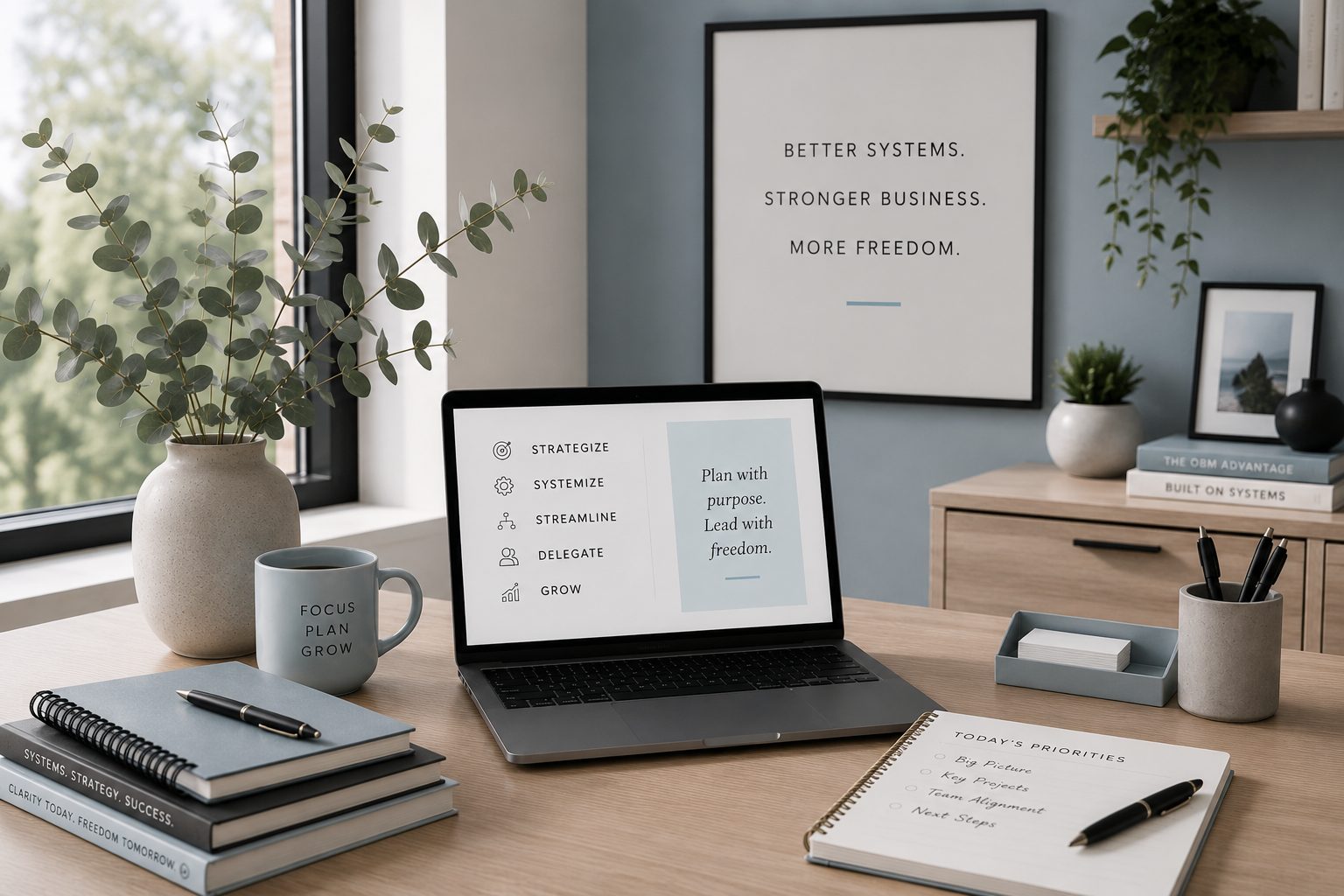 A tidy home-office desk with a laptop, notebooks and a print reading Better systems. Stronger business. More freedom.