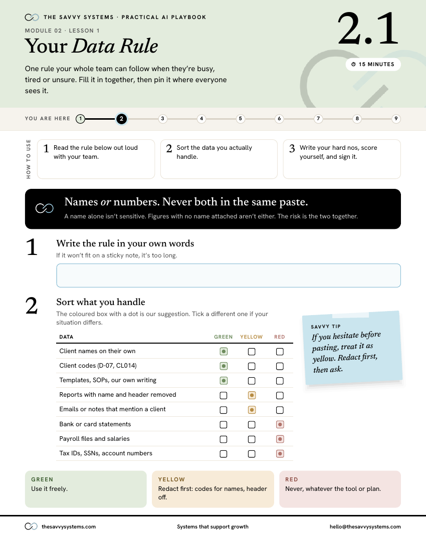 Actual Toolkit worksheet: Your Data Rule, with exercises, data sorting table, and space to write your rule