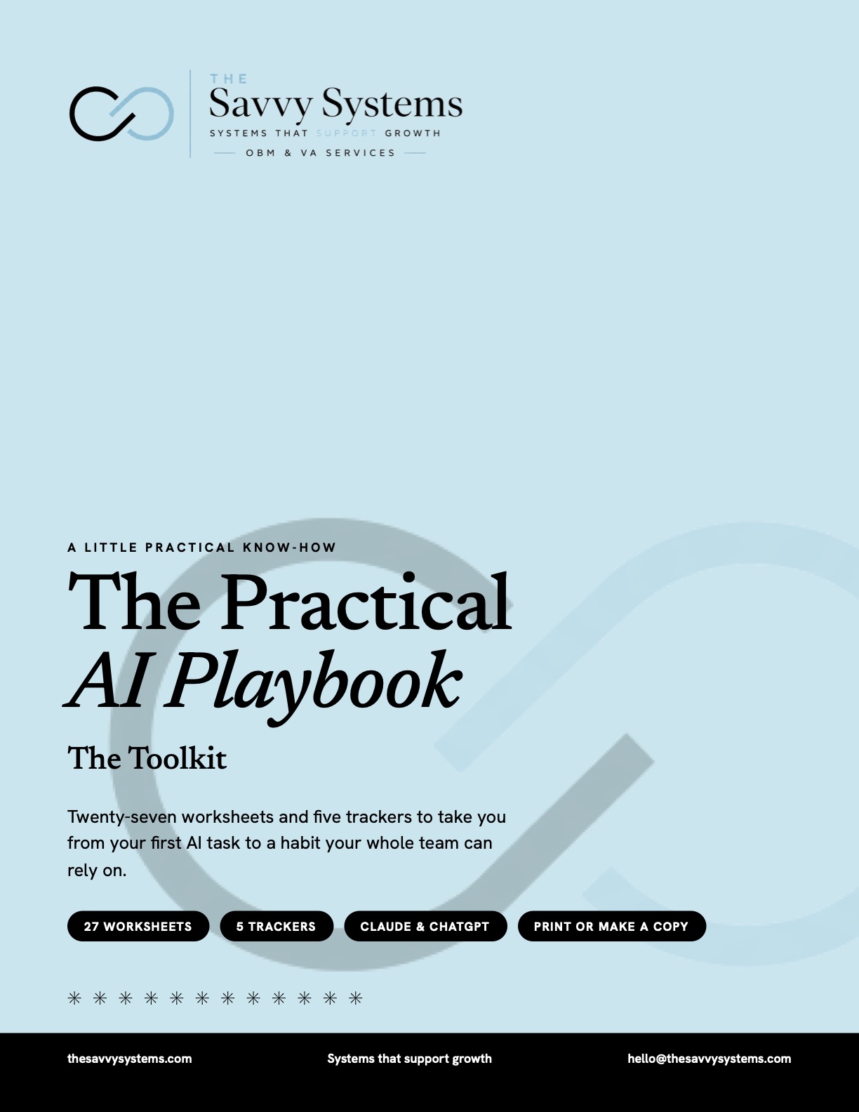 Toolkit cover: The Practical AI Playbook, The Toolkit. Twenty-seven worksheets and five trackers.