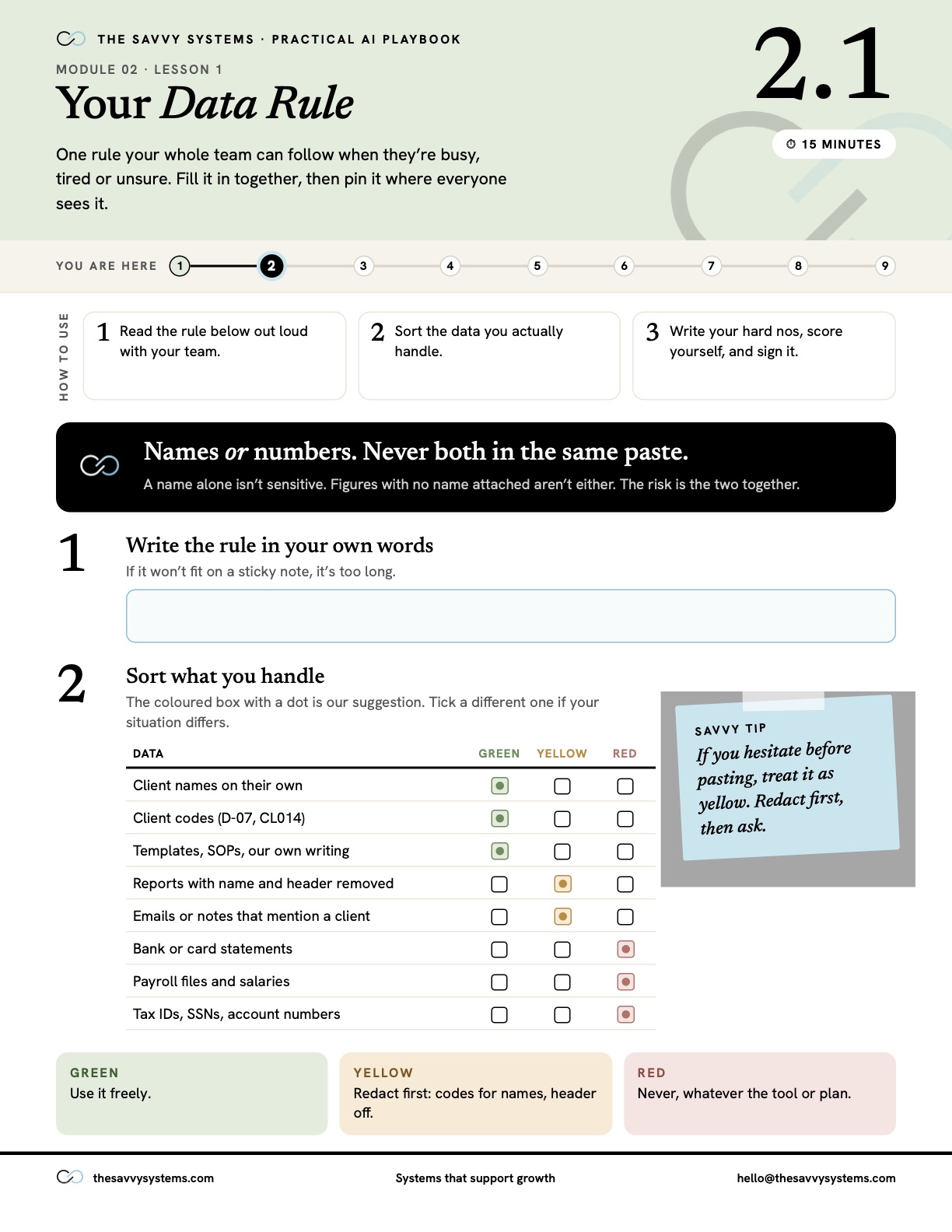 Worksheet 2.1, Your Data Rule: names or numbers, never both in the same paste, with a table for sorting the data you handle into green, yellow and red.